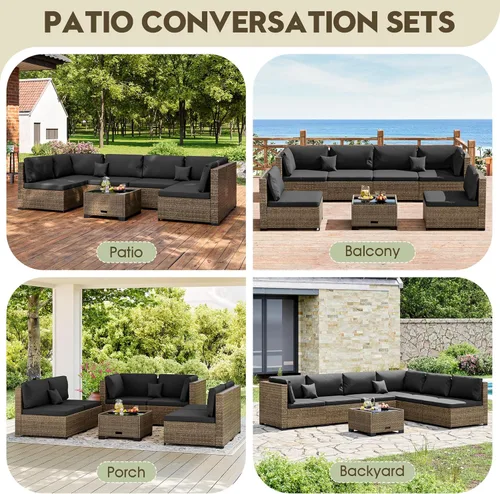 Miniatura 5 de LHBcraft Juego de muebles de patio de 7 piezas, seccionales para exteriores, tejido manual para todo tipo de clima, sofá seccional de mimbre de Ye-bk