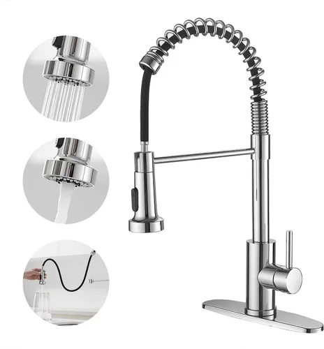 Miniatura 8 de VOTON Grifos de Cocina con Rociador Extraíble, Grifo de Fregadero Comercial de Primavera, Acero Inoxidable, Dorado Cepillado, Grifo Abatible de Una