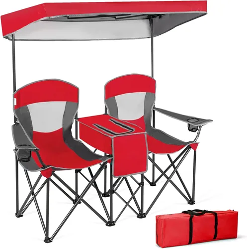 GYMAX Silla de campamento doble, silla de playa con toldo y protección UV ajustable, refrigeradora, portavasos y bolsa de transporte, silla plegable