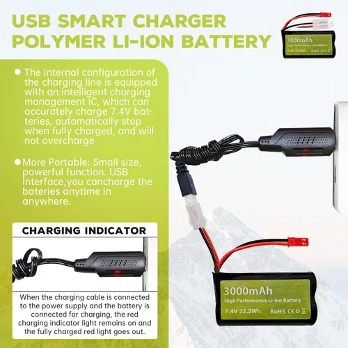 Miniatura 3 de Batería de iones de litio de 7.4 V 3000 mAh 15C 2S con enchufe JST-2P con cable de carga USB para UDIRC UD1601 UD1602 SG1603 RC Car 1/10, 1/12, 1/16