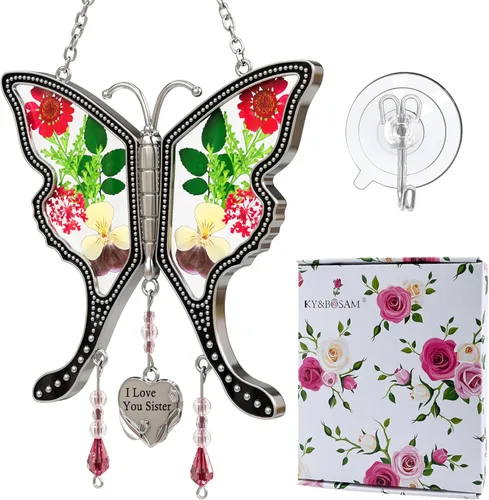 KY&BOSAM Atrapasoles de mariposa con texto en inglés "I Love You Sister" para ventanas con flores secas y prensadas reales, dije de corazón grabado,