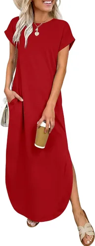 Miniatura 9 de ANRABESS Vestido largo de verano para mujer, casual, manga corta, suelto, dividido, sin arrugas, playa, vacaciones, vestido largo con bolsillos