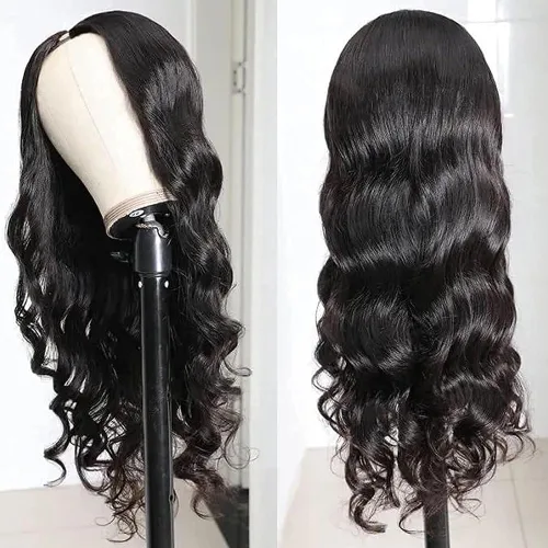 Miniatura 2 de Pelucas con camino en V ondulada de cabello humano virgen brasileño para mujeres negras; mejora de pelucas con camino en U, sin pegamento, con clip