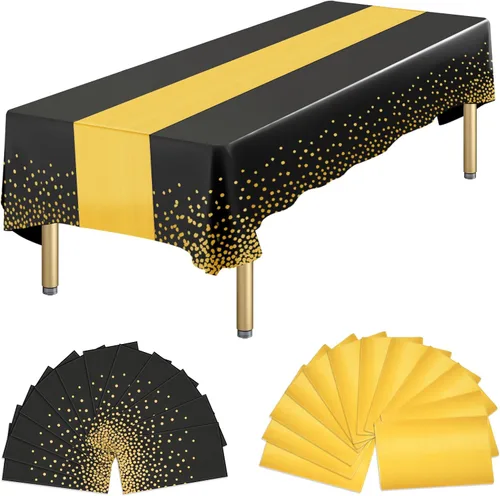 Miniatura 15 de Paquete de 12 manteles rectangulares de plástico negro desechables y satinados, mantel rectangular negro y dorado para cumpleaños, aniversario