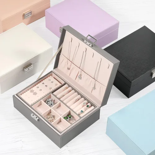 Miniatura 6 de Allinside Joyero organizador para mujeres y adolescentes y niñas, 2 capas de piel sintética con cerradura, forro de terciopelo, elección, gris