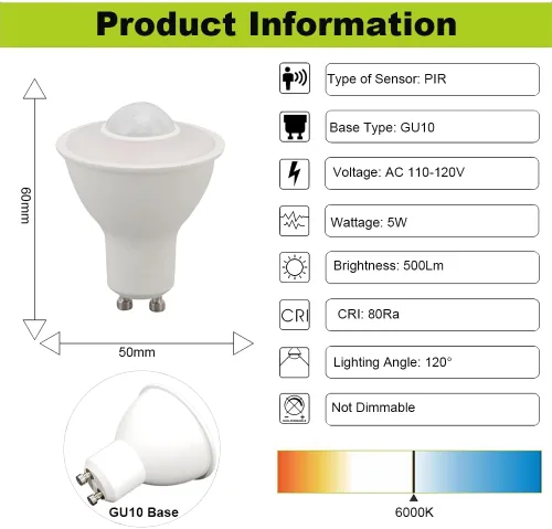 Miniatura 2 de Paquete de 2 bombillas LED GU10 de 5 W con sensor infrarrojo, equivalente a 50 W incandescentes, lámpara de detección de infrarrojos PIR