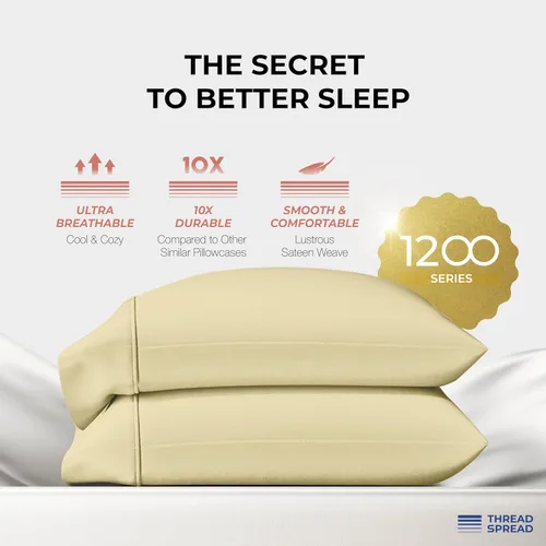 Miniatura 2 de Thread Spread Fundas de Almohada de Algodón Egipcio 100% Tamaño Estándar/Queen Juego de 2 - Fundas de Almohada Beige Satén de Lujo con Cuenta