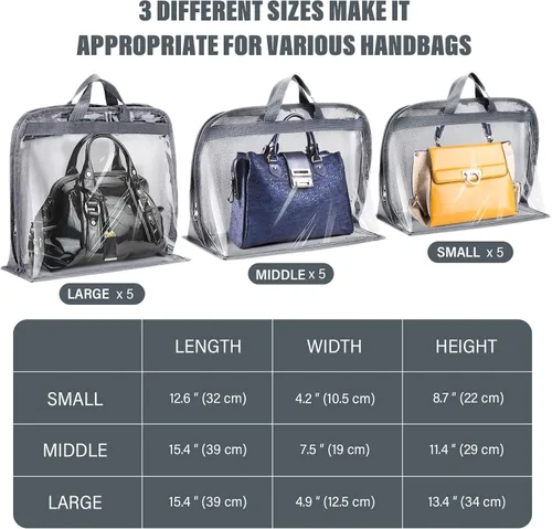 Miniatura 2 de 15 bolsas para el polvo para bolsos, organizador de almacenamiento de bolsos, 3 tamaños, organizador de bolsos transparentes para colgar bolsas