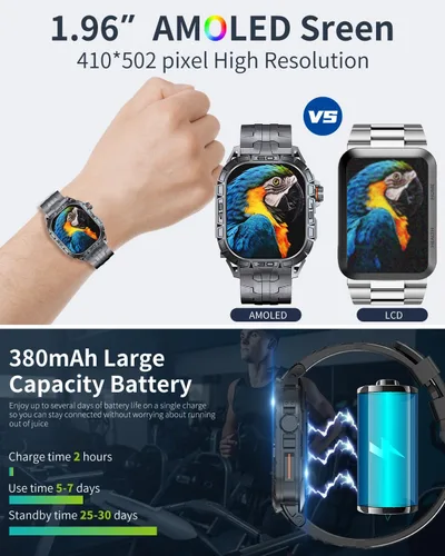 Miniatura 2 de Reloj inteligente militar para hombre (respuesta/hacer llamadas), reloj inteligente AMOLED de 1.96 pulgadas para exteriores con brújula/frecuencia