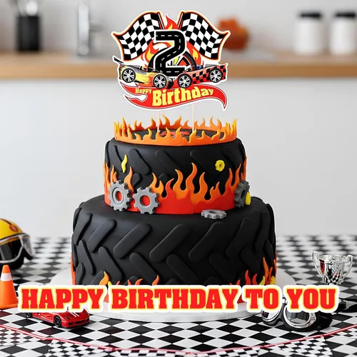 Miniatura 5 de Maitys Decoración para pastel de 2º cumpleaños con temática de auto de carreras, suministros de fiesta de cumpleaños, bandera a cuadros, decoración