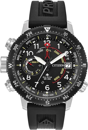Citizen - Reloj para hombre Eco-Drive Promaster Land Altichron de acero inoxidable con correa de poliuretano negra, esfera negra (Modelo: BN5058-07E)