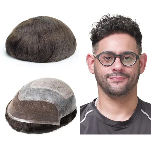 Miniatura 13 de Lordhair Tupé frontal de encaje francés para hombres 0.004 in inyectado piezas de pelo de piel fina unidas con sistema de cabello de encaje