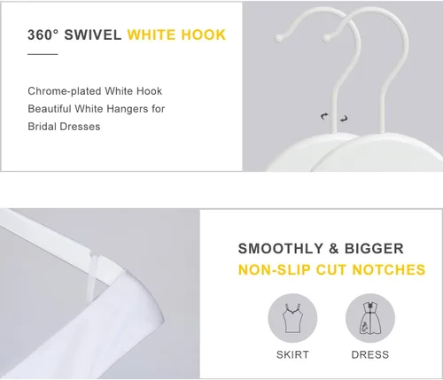 Miniatura 3 de TOPIA HANGER Paquete de 18 perchas de madera para vestido de novia, colgador de madera blanca con gancho blanco giratorio de 360°, muescas de corte