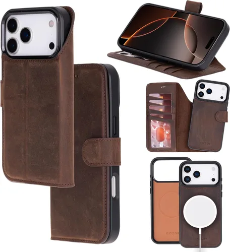 Miniatura 27 de Bayelon Funda tipo cartera para iPhone 15 Pro Max, de cuero de grano completo, cubierta abatible magnética desmontable, tarjetero, funda tipo Marrón