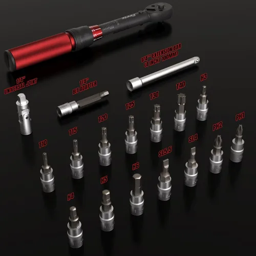 Miniatura 2 de Llave dinamométrica de clic de 1/4 pulgadas, juego de llaves dinamométricas para bicicleta de 18 piezas con doble escala (10-150 lb.in/1.1-17.0 Nm)