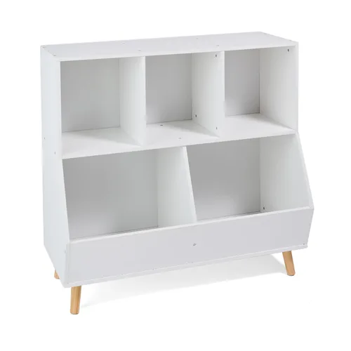 Miniatura 6 de Badger Basket Cubo de almacenamiento de 5 cubos con pies, organizador de madera para juguetes, libros y exhibición, con estante superior, cubos