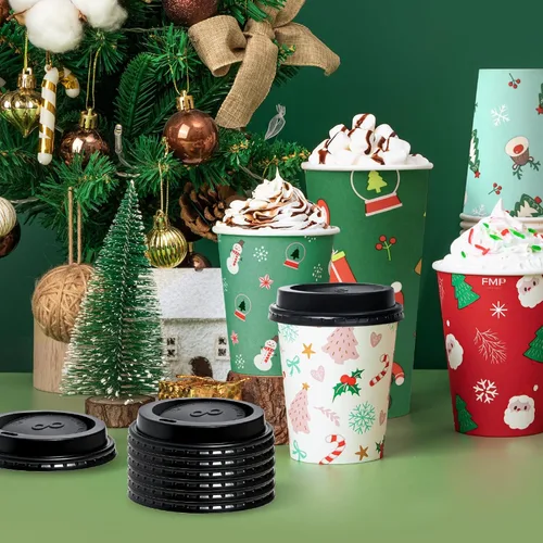 Miniatura 7 de Fit Meal Prep Paquete de 50 tazas de café desechables de Navidad de 8 onzas con tapas, tazas de papel prémium para bebidas frías y calientes, a