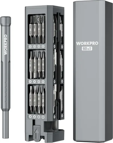 WORKPRO Juego de destornilladores de precisión 60 en 1 con funda magnética emergente, destornilladores pequeños CRV bien organizados, kit de