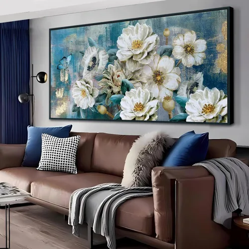 Miniatura 24 de Arjun Lienzo artístico para pared de árbol de la vida para sala de estar, pintura de árbol azul y verde azulado, 50% pintada a mano, imagen