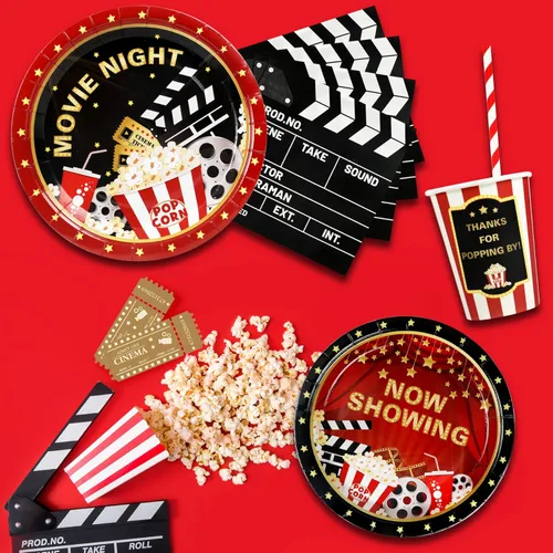 Miniatura 3 de Recheel Suministros para fiesta temática de película, decoración para cumpleaños con platos y servilletas de papel con tazas y pajitas para 24 Movie