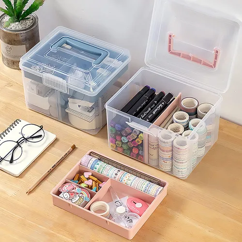 Caja de Almacenamiento Transparente Pequeña de Plástico con Asa y Bandeja Extraíble y Divisores Ajustables, Caja de Arte para Niños y Estudiantes,
