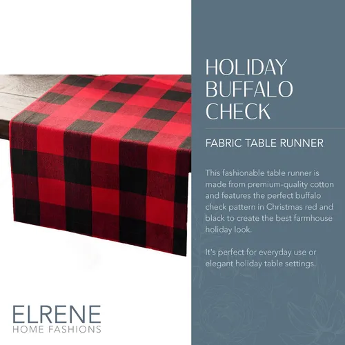 Miniatura 2 de Elrene Home Fashions Camino de mesa Farmhouse Living Holiday Buffalo-Check, 13 pulgadas de ancho x 70 pulgadas de largo, rojo/negro