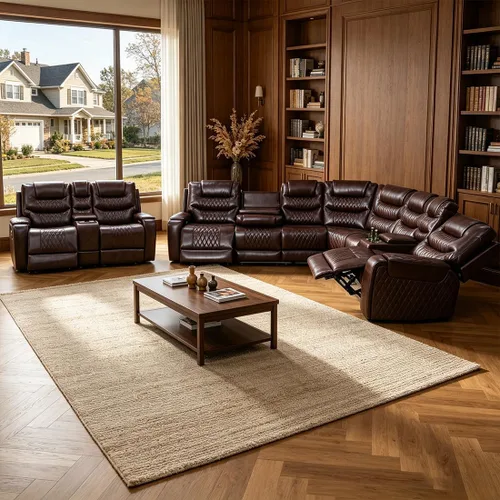 Miniatura 34 de Juego de sofá modular reclinable eléctrico con LED, juegos de muebles de sala de estar, sofá reclinable de cuero para sala de estar/cine en casa