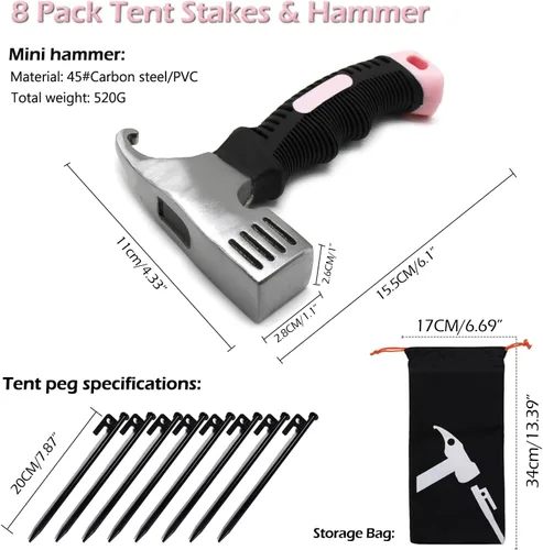 Miniatura 2 de Juego de 8 estacas para tienda de campaña y martillo de campamento, de metal resistente, ligero, con kit de martillo pequeño, para mujer, mazo