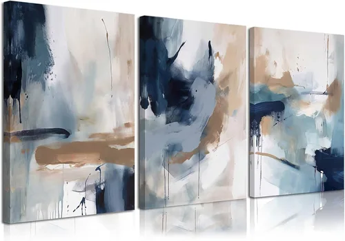 KBKBART 3 piezas de arte abstracto azul enmarcado para la pared de la sala de estar, tinta de acuarela azul marino, arte moderno minimalista arte de