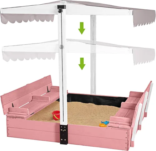 Miniatura 8 de Caja de arena de madera para niños con toldo, 2 asientos de banco plegables, forro retráctil de protección de arena para techo de 47 x 47 pulgadas