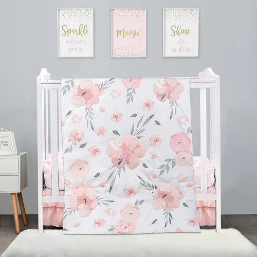 Miniatura 8 de PINNKKU - Juego de cama de 3 piezas para bebé niño o niña, incluye falda, manta y sábana, ropa de cama para bebé, diseño fruncido y plisado en rosa