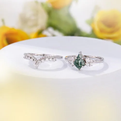 Miniatura 4 de ELMERA Anillo de compromiso para mujer, plata de ley 925, ágata musgo natural, anillo de promesa para ella, anillo de compromiso de ágata musgo