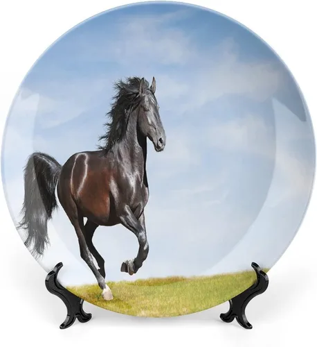 Miniatura 8 de XISUNYA Plato decorativo de 6 pulgadas, plato de cena de decoración de caballo, galope de semental friesio negro en puesta de sol tormentoso, placa