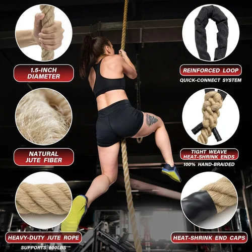 Miniatura 4 de Climbing Rope Gym Workout - 10FT 15FT 20FT 25FT 30FT 35FT Heavy Duty Jute Thick Ropes for Adults Strength Training Outdoor Tree Swing Indoor Home