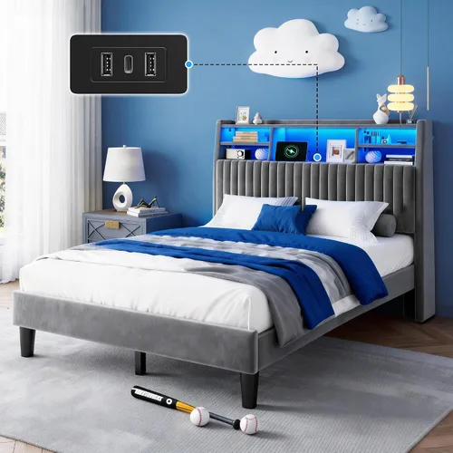 Miniatura 11 de Homkdom Base de cama de tamaño matrimonial, cabecera tapizada de canal vertical con estantes de almacenamiento, marco de cama de terciopelo con Beige