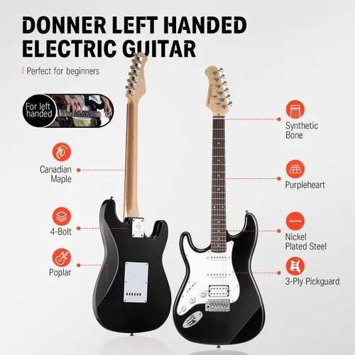 Miniatura 3 de Kit de guitarra eléctrica Donner de 39 pulgadas para zurdos, cuerpo sólido, principiantes, tamaño completo, negro, con amplificador, lección