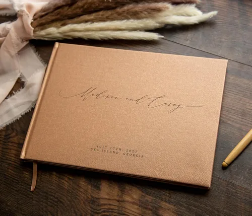 Miniatura 7 de MUUJEE Libro de visitas personalizado con brillo bronce - Libro de invitados moderno personalizado de alta calidad para recepción de boda, fiesta