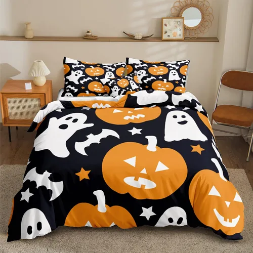 Miniatura 43 de Juego de funda de edredón de calabaza para Halloween, divertido diseño de calabaza malvada, color negro, juego de ropa de cama Tiwn 1 funda