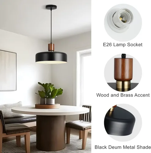 Miniatura 3 de Lámpara colgante industrial, lámpara colgante de cúpula de madera de goma con pantalla de metal martillado de 15.8 pulgadas, lámparas modernas Negro