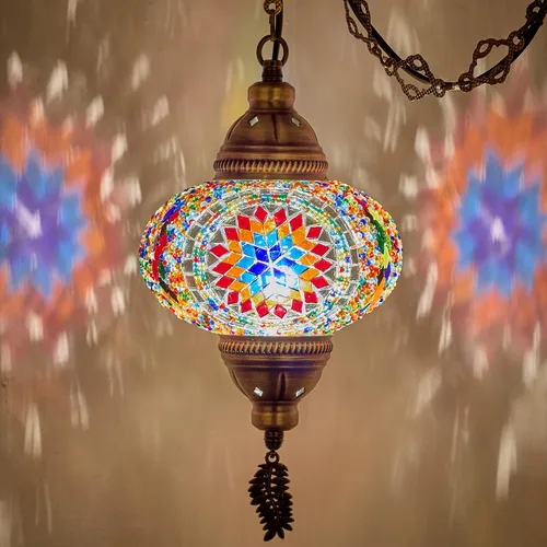 Miniatura 6 de DEMMEX Lámpara Colgante de Techo de Mosaico Turco Marroquí Enchufable – Luminaria Tipo Swag con Cable de 15 pies y Cadena, Vidrio Hecho a Mano