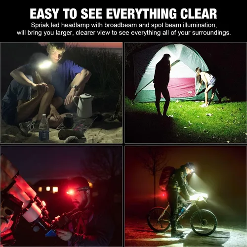 Miniatura 7 de Linterna frontal LED, 1000 lúmenes, 230° de haz ancho, linterna frontal recargable por USB con luz trasera roja, luz ligera e impermeable