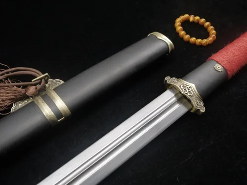 Miniatura 4 de Espada china/Tang jian/hoja de acero de Damasco/vaina de madera negra/accesorios de latón/espiga completa/longitud: 39 pulgadas