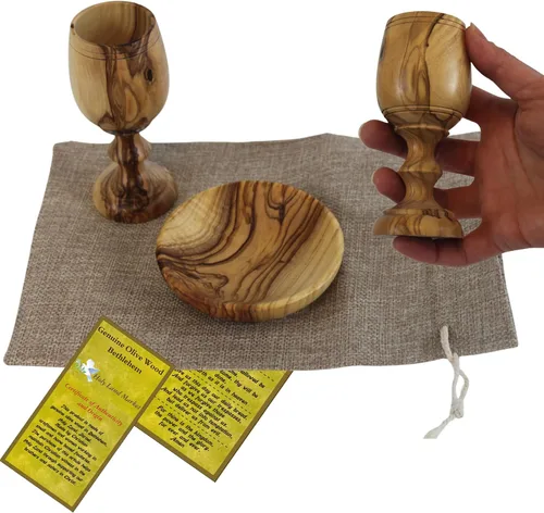 Miniatura 19 de Holy Land Market Juego de tazas y platos de comunión de madera de olivo, juego de comunión tallado a mano en Belén, para adoración de la iglesia