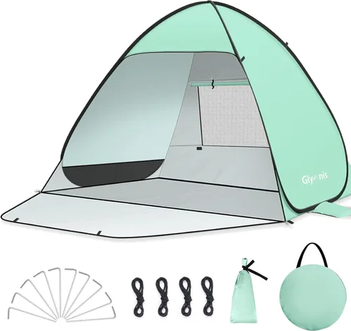 Miniatura 11 de Glymnis Tienda de campaña de playa desplegable para 1-4 personas, refugio solar UPF 50+ con cremallera para puerta, portátil, fácil de poner