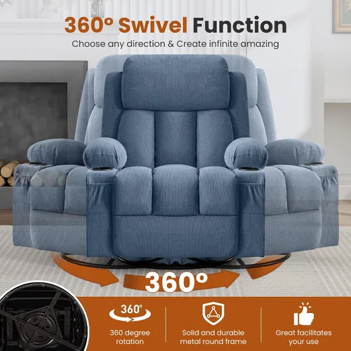 Miniatura 7 de Silla reclinable giratoria con masaje por vibración y calor, reclinable de 150° y balanceo suave, capacidad de 350 libras con bolsillo lateral