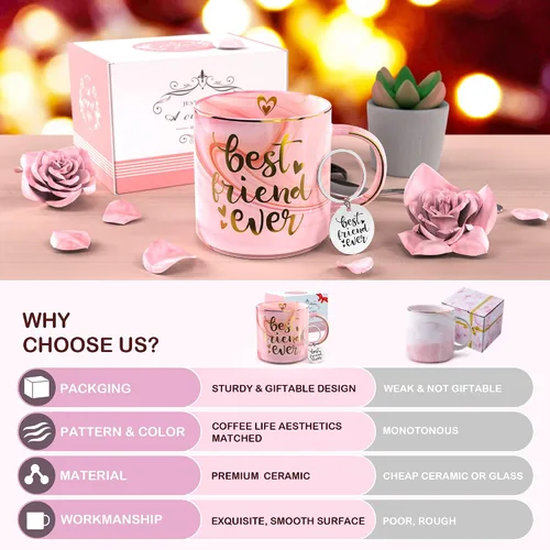 Miniatura 3 de Regalos para mejores amigas para mujeres, taza de café de mármol de cerámica rosa de 11.5 onzas con llavero - BFF Friend Ever - Regalos divertidos