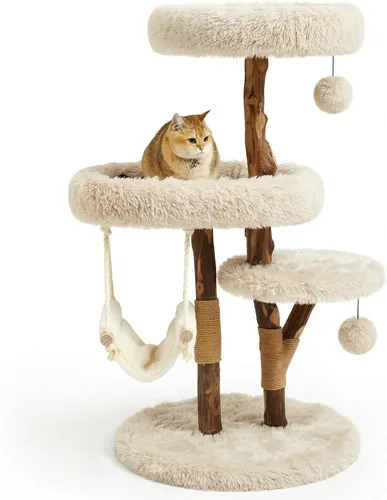 Letkind Moderna torre de árbol para gatos grandes de interior, perches-torre de madera maciza natural para gatos con poste rascador de sisal,