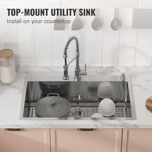 Miniatura 4 de VEVOR Estación de trabajo de cocina de 33 pulgadas, montaje superior de acero inoxidable 304, estilo granja con un solo tazón integrado con Plateado
