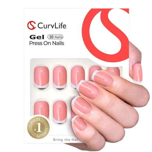 Miniatura 23 de Uñas a presión CurvLife cortas cuadradas Beige, Blancas, Rosas, Uñas postizas falsas acrílicas con diseño de albaricoque, uñas de cobertura completa