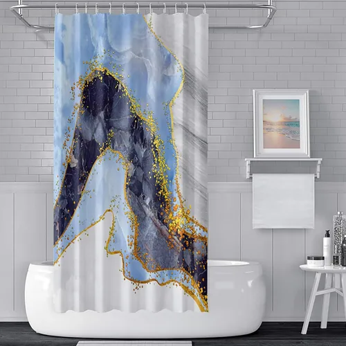 Miniatura 28 de Cortina de ducha de mármol blanco y negro de 36 x 72 pulgadas, tinta de pintura abstracta, textura de arte líquido, líneas agrietadas doradas